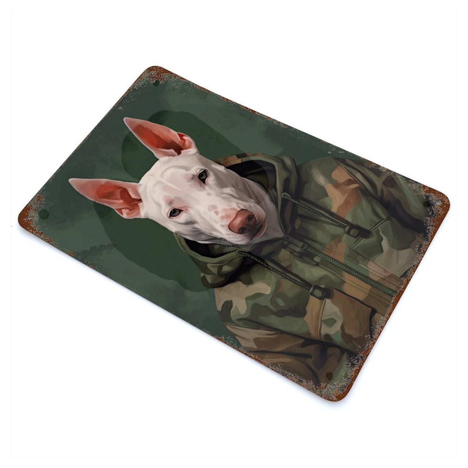 English Bull Terrier Camo Rusty Metal Tin Sign 11.8"x7.9", Ideal for Farmhouse, Kitchen And Entryway Decor