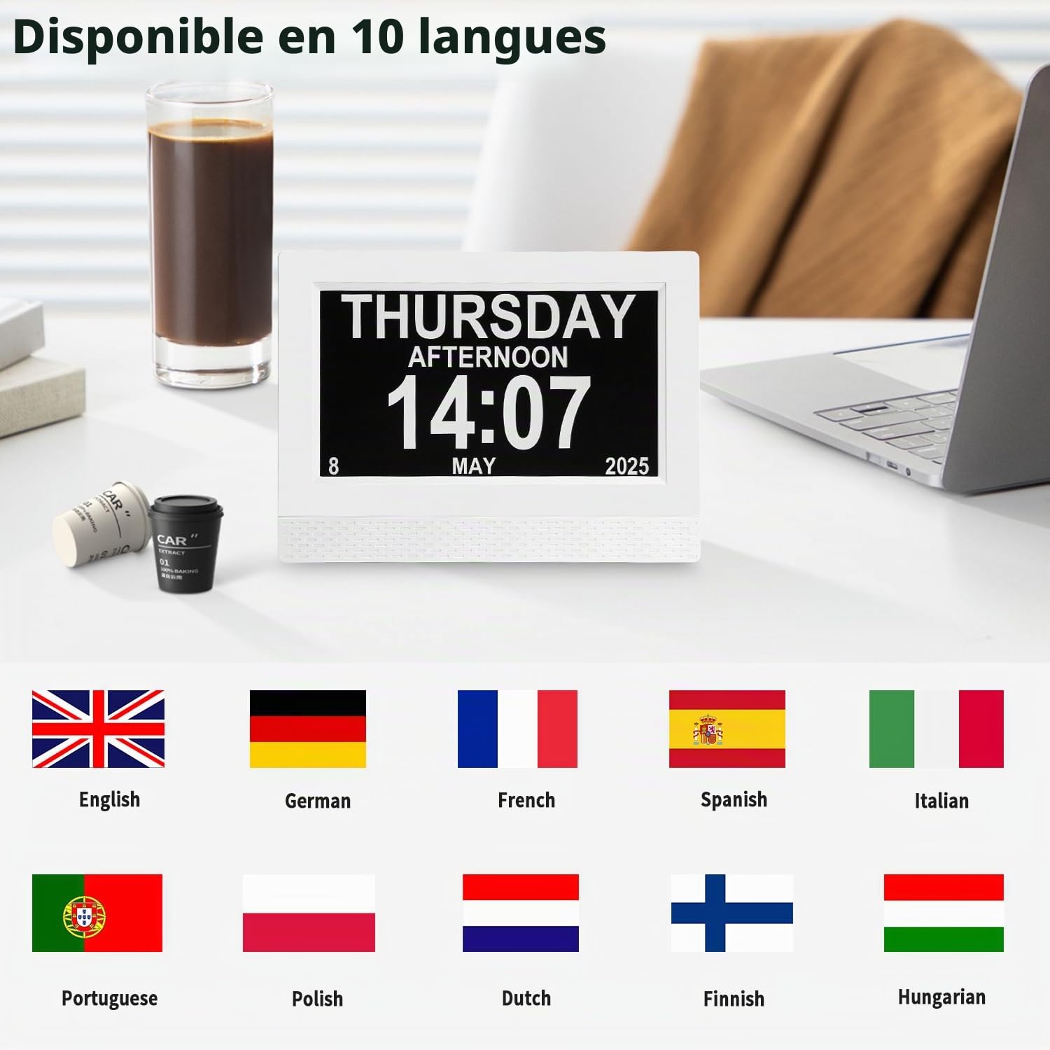 7" Pouce LCD Horloge Numérique, Calendrier avec Date Jour Et Heure Non-Abrégée Auto Dimming, 10 Langues HD Display Rappel pour Alzheimer Personnes Âgées Enfants (Blanc)