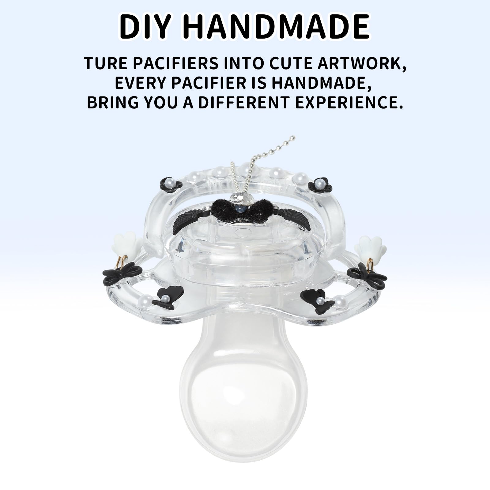 CutiePlusU Adult-Size Crystal Pacifier Dummy for Adults DIY Handmade Cute Decorative Shield - White Crystal Dark Wing - Image 3