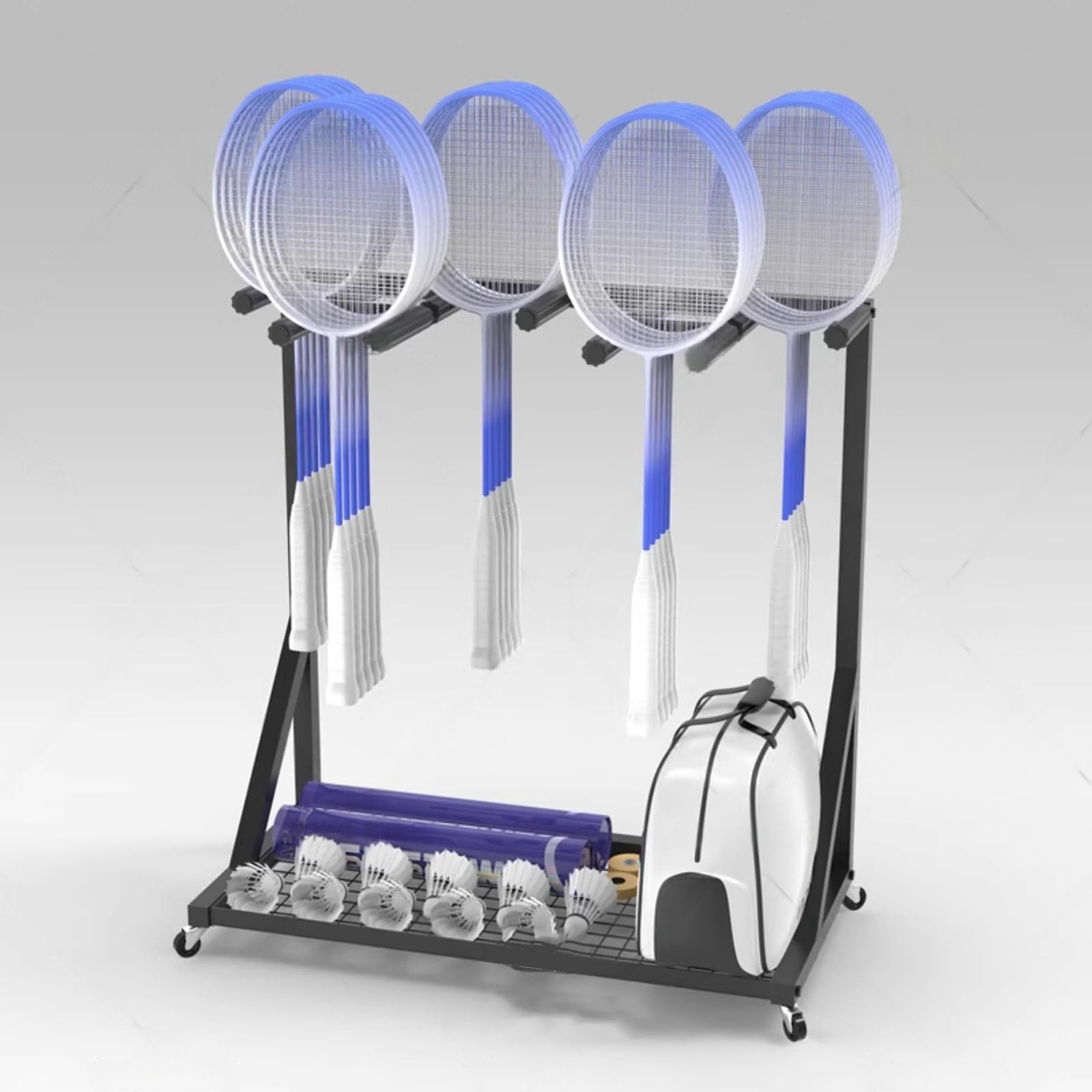 Estante de raquetas de bádminton con estructura de acero negro para 30 piezas