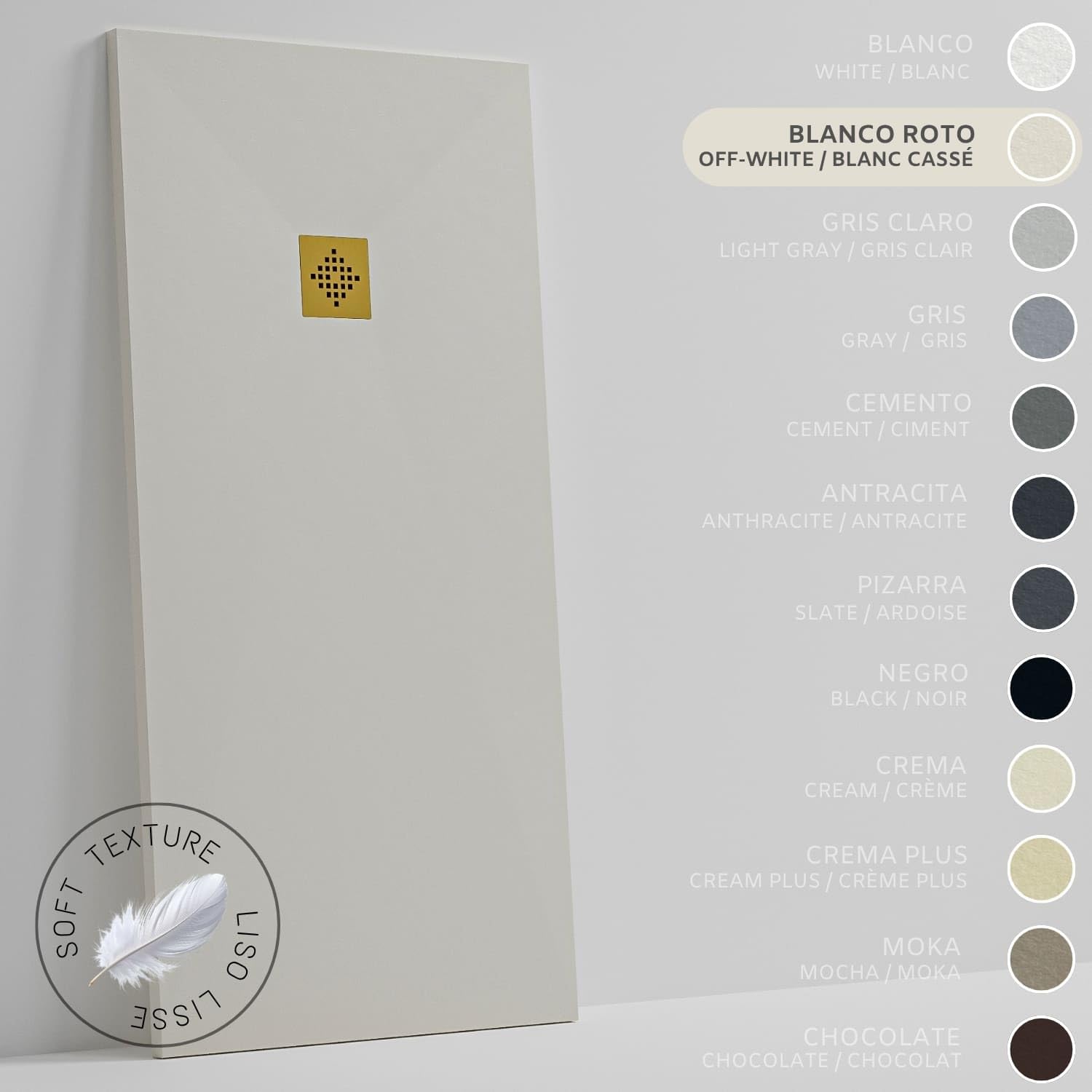 SOULHOME Plato de Ducha - Resina - Gel Coat - Textura Liso Seda - Antideslizante - Color Blanco Roto - 150X75- Extraplano 3cm. Incluye Válvula de desagüe - REJILLA GOLD