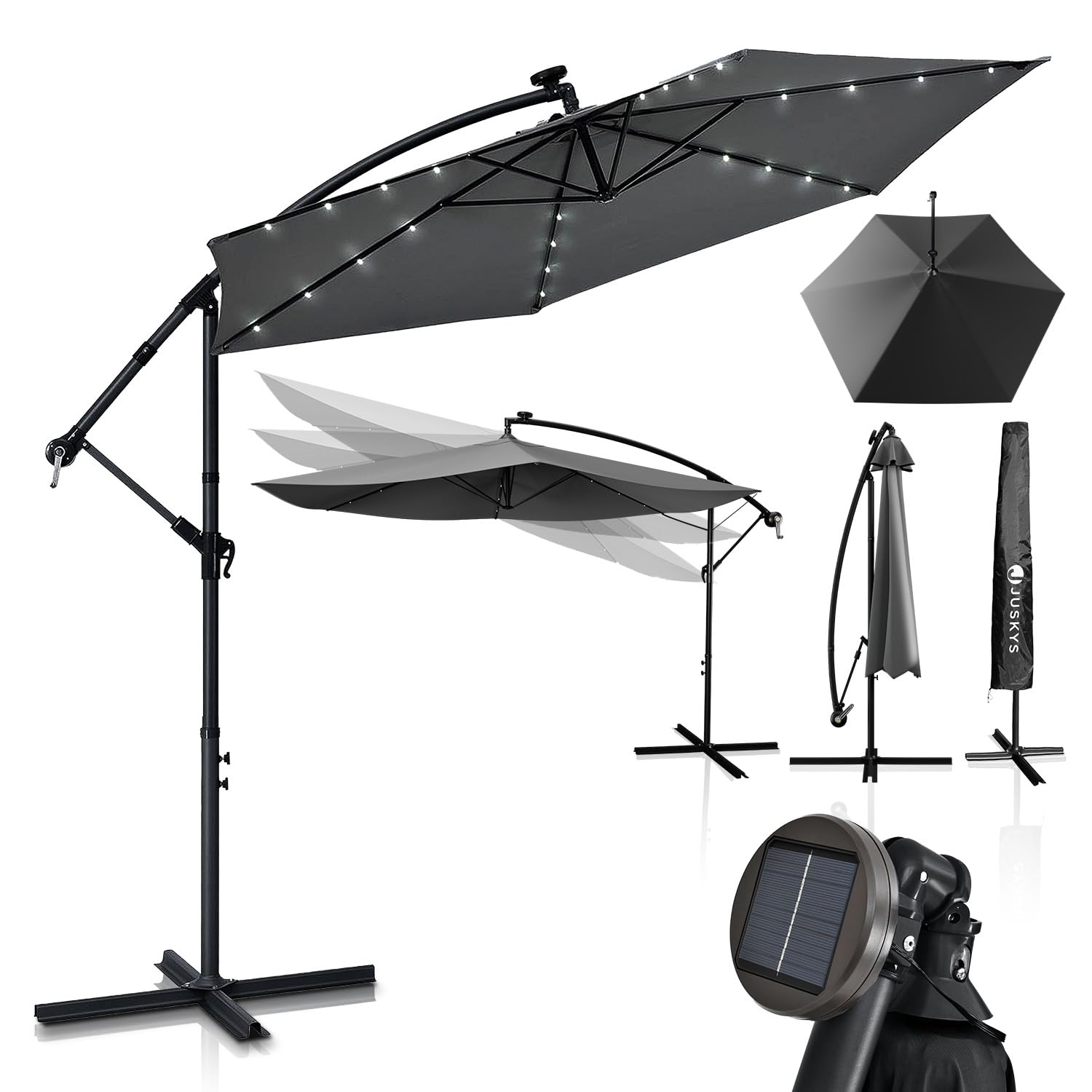 Juskys Ampelschirm Brazil 350 cm LED Beleuchtung Solar & Kurbel - UV-Schutz wasserabweisend knickbar - Hülle - Sonnenschirm Marktschirm grau