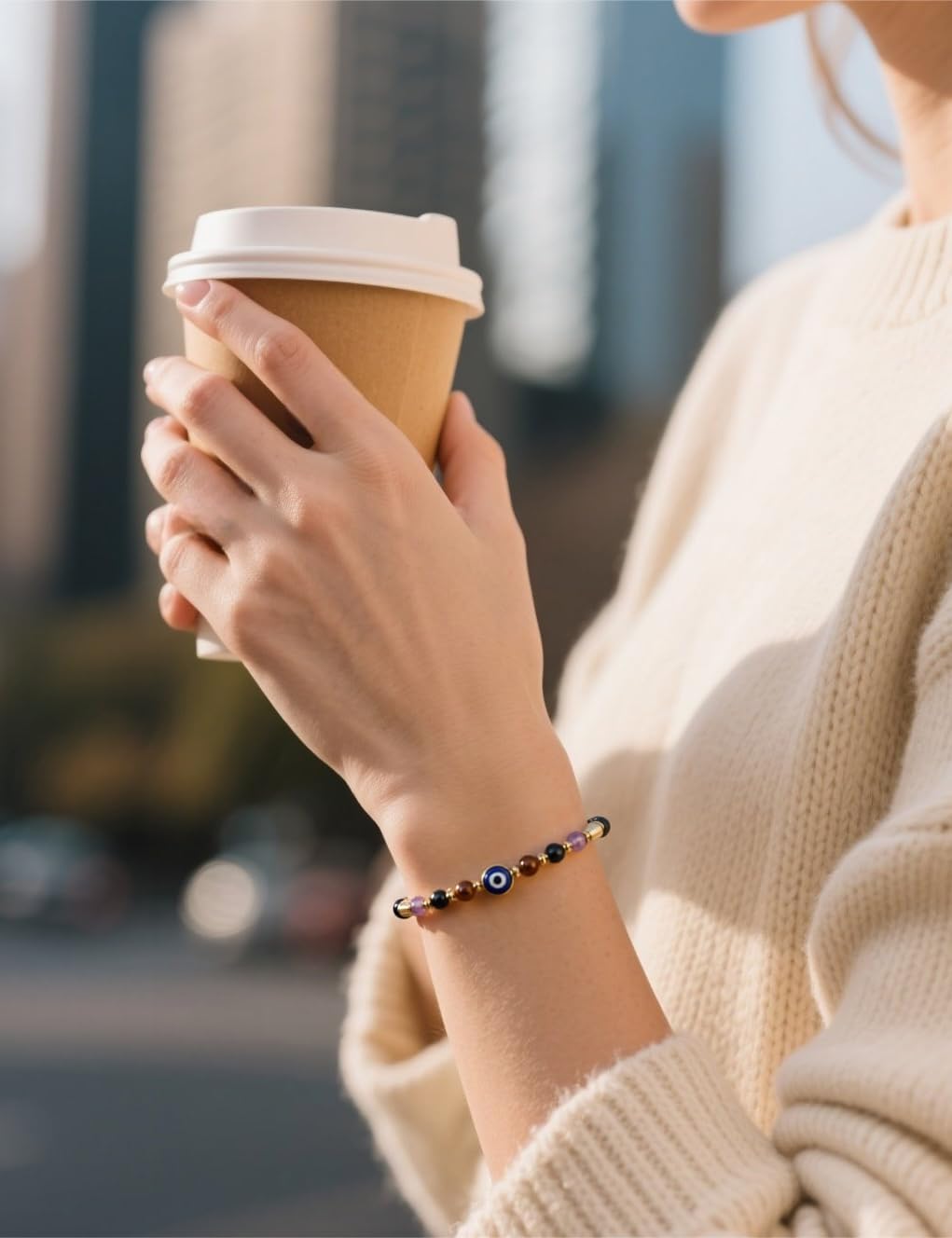Evil Eye Dainty Bracelet - Natural Crystal Protection Bracelet - 5 Healing Stones Clear Quartz Amethyst Black Tourmaline Tiger Eye Adjustable Spiritual Guardian Jewelry Gift with Meaning Card - Image 2