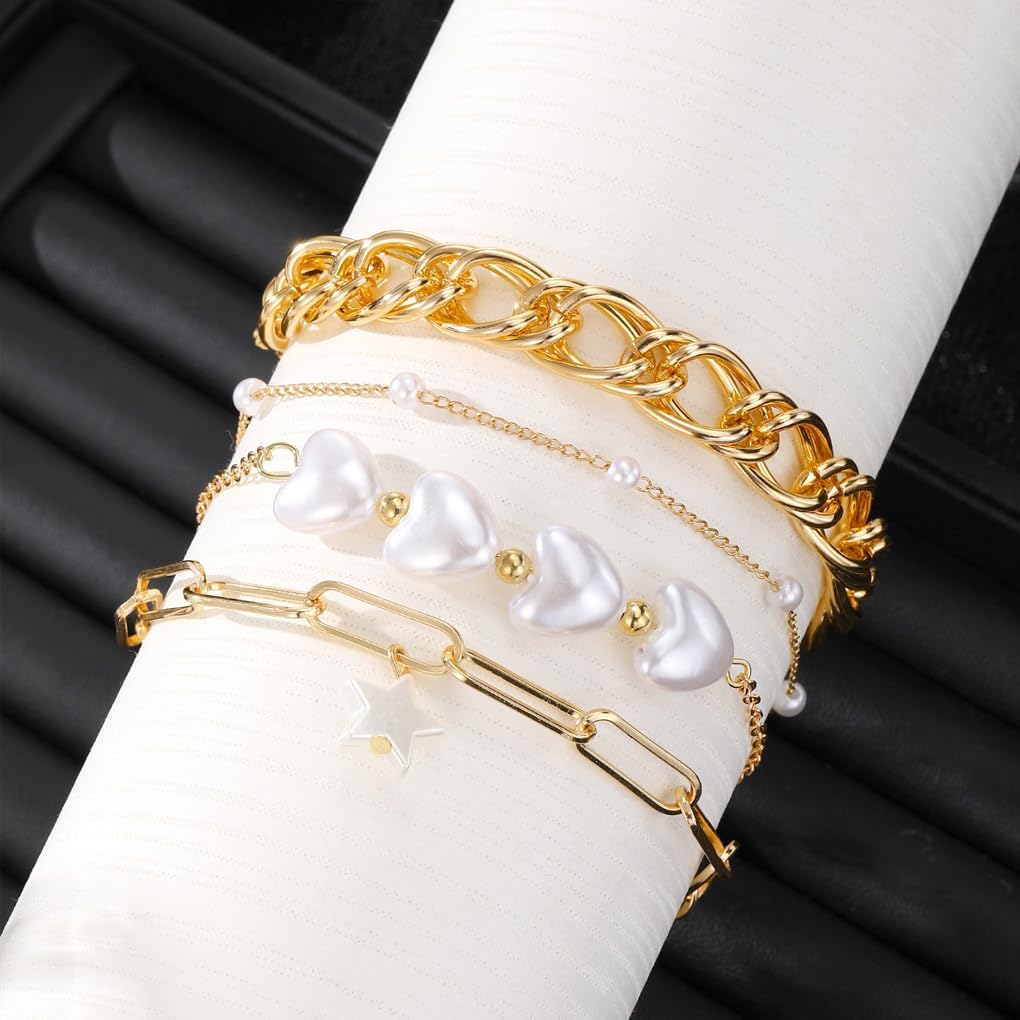 4 Pcs Gold Pearls Heart Bracelets Set for Women Stackable Cuban Link Chain Bangles Adjustable Paperclip Link Star Bracelets Jewelry Accessories - Image 7