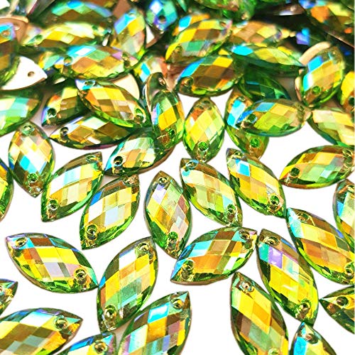 Horse Eye Shape Crystal AB Color Clear Sew On Acrylic Rhinestones Flatback Fancy Stones Sewing for Clothing Wedding Dress Decorations 100pcs 7x15mm (Green)