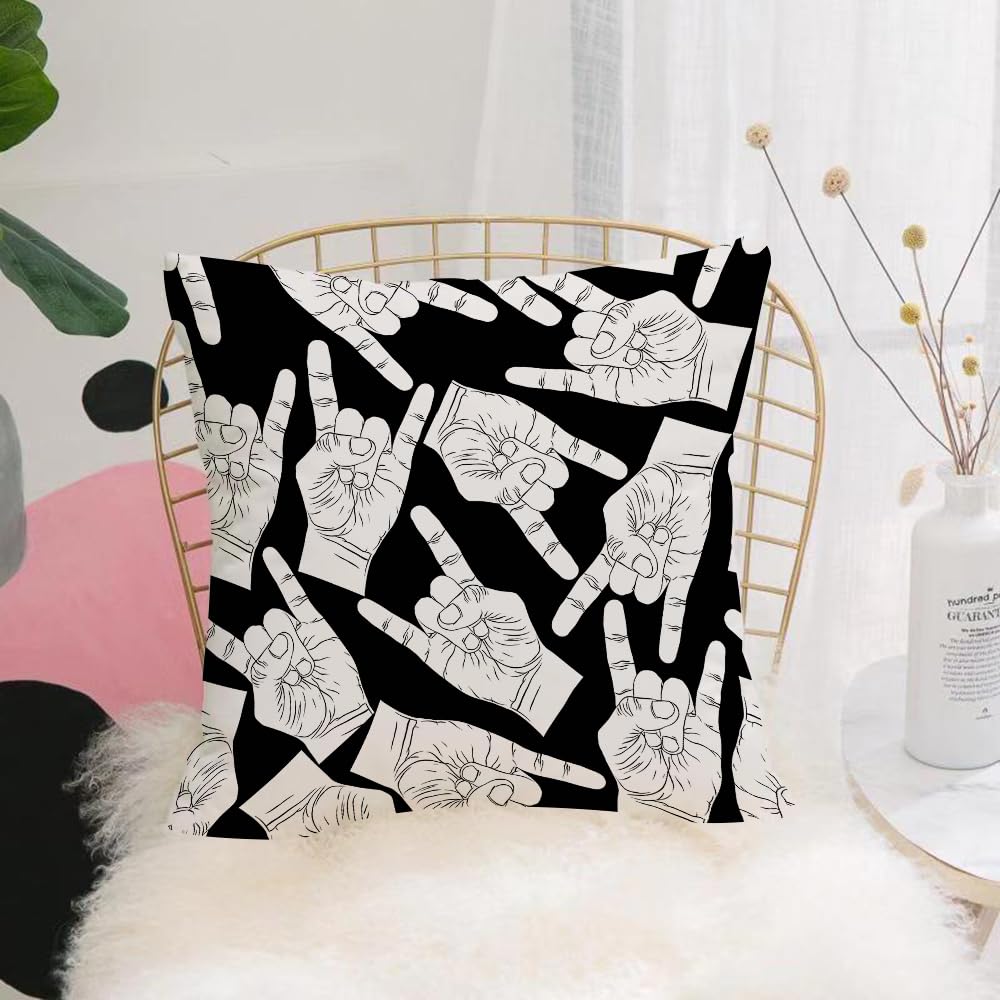 Hyosxw Rock Hands Seamless Pattern Rock Metal Rock - A4 Cushion Cover,Throw Pillow Case Home Decorative For Living Room Bedroom Sofa Chair 18X18 Inch,Rock Hands Seamless Pattern Rock Metal Rock And Roll Music Style Black And Whit,Pillowcase 45X45cm
