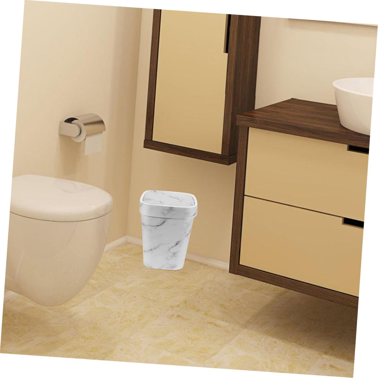 Marble Pattern Trash Can with Swing Lid 1 Piece Indoor Waste Basket for Bathroom Kitchen and Office Square Garbage Container Easy to Clean Sturdy Design