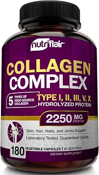NutriFlair Multi Collagen Peptides 2250mg - النوع الأول والثاني والثالث والخامس والعاشر - مكملات الكولاجين حبوب مسحوق معقدة للنساء والرجال - بروتين مائي ، شعر صحي ، جلد ، أظافر - كبسولات غير معدلة وراثيًا 180
