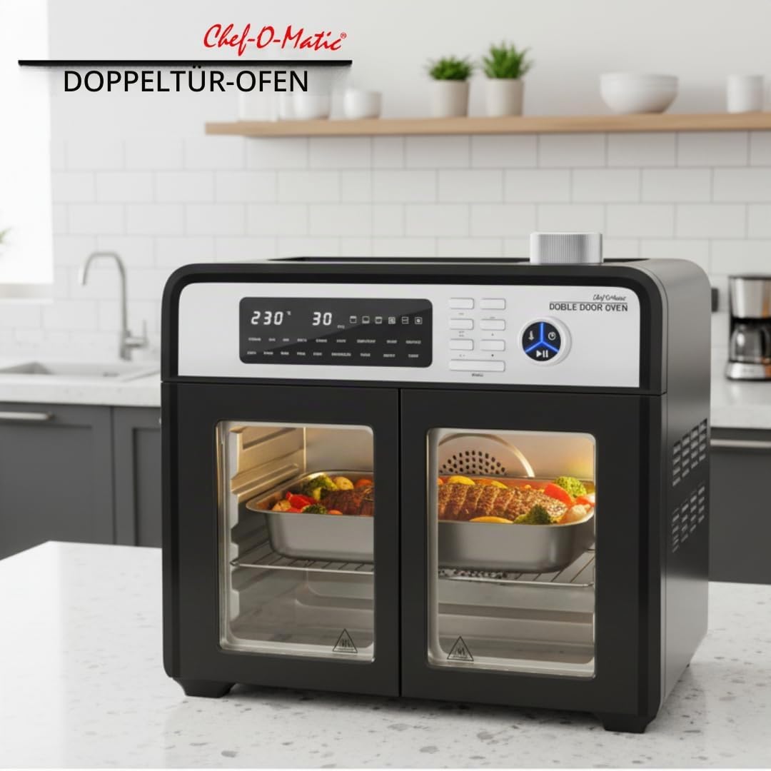 STARLYF Doble Door Oven Heißluftofen 28L | Doppeltür, 18 Programme, 1700W, Grill, Drehspieß, Dörrgerät & LCD-Display | Multifunktions-Backofen mit Heißluft & Energieeffizienz