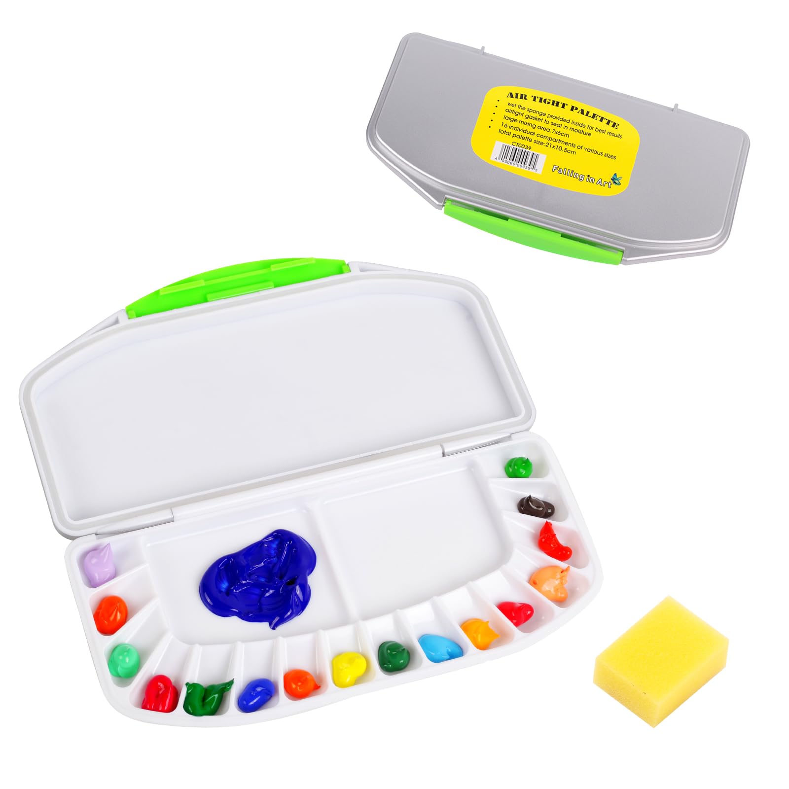 Falling in Art Airtight Leak-Proof Watercolor Palette with a Cleaning Sponge, 16 Slightly Sloping Wells-2 Mixing Areas, 8 1/4 Inches by 4 1/7 Inches