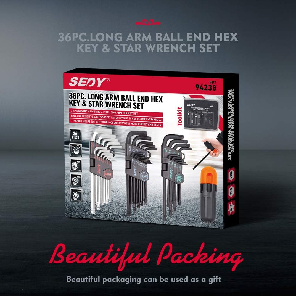 SEDY 36-Pieces Hex Key Allen Wrench Set, Long Arm Ball End Hex & Torx L-Key Set, SAE & Metric Hex, Star/Torx Allen Wrench Tool Set with Torque Handle and Black Storage Bag, S2 Steel - - 