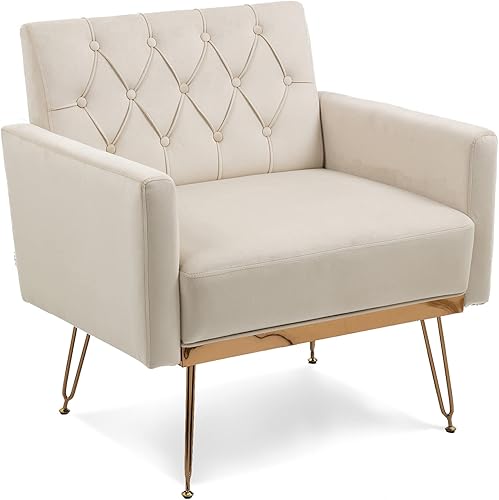 Miniatura 3 de Olela Juego de 2 sillas decorativas, sofá individual de terciopelo, sillas de lectura laterales tapizadas modernas con brazo y patas de metal dorado