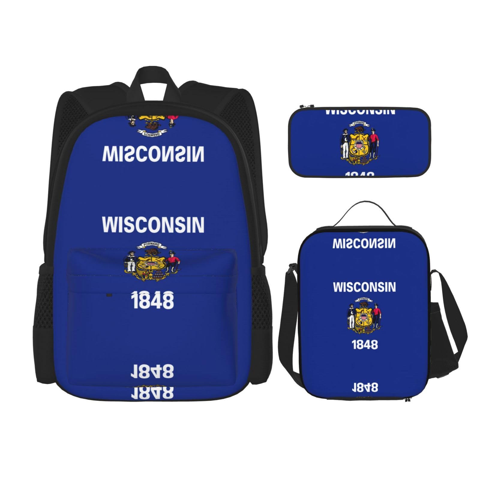 Flaga stanu Wisconsin plecak dziecko chłopcy dziewczęta pudełko na lunch szkoła torba zestaw uczniów szkoły student prezent, Czarny, One Size, Bagaż