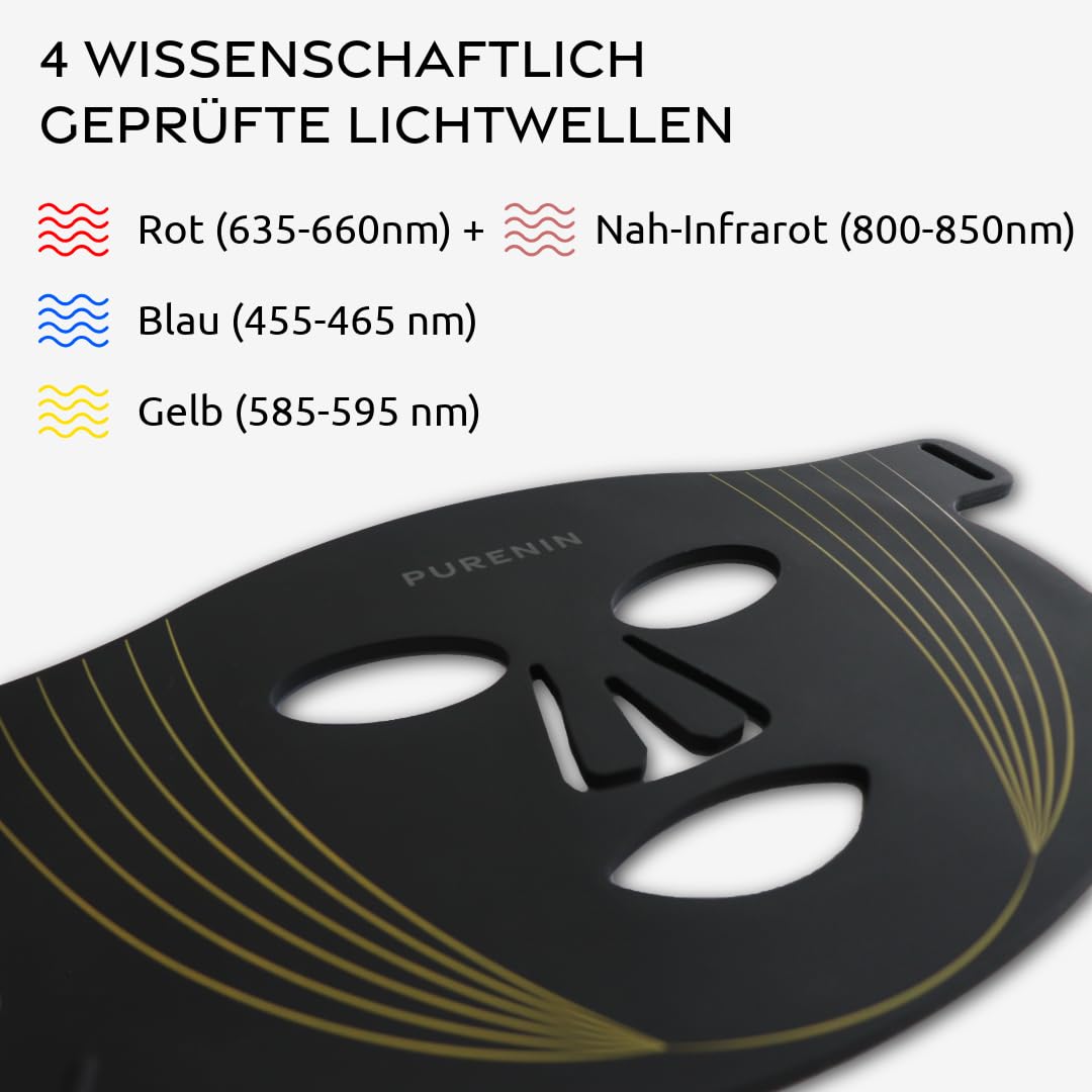 LED Gesichtsmaske: 4-in-1 Lichttherapie, Rotlicht, Anti-Aging – Kollagenboost, Akne-Pflege & Hautberuhigung | Red light therapy, Infrarot, Blau- und Gelblicht | Faltenreduktion (ohne Serum)