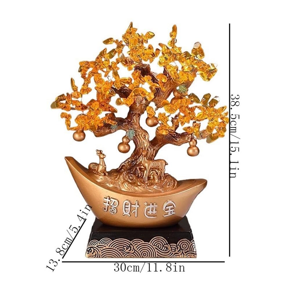 Ornament Cytryn Drzewko z kamieniami szlachetnymi z wysoką podstawą, dla bogactwa fortuny i szczęśliwych dekoracji Money Tree (złoty)