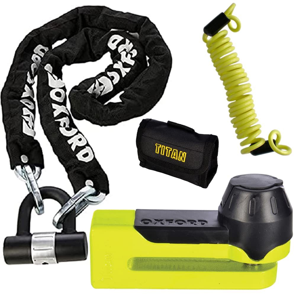 Oxford Security Products OF159 1.5m Heavy Duty Chain Lock + OF51 Titan Bicycle Motorbike Motorcycle Disc and Pouch Yellow FREE Reminder