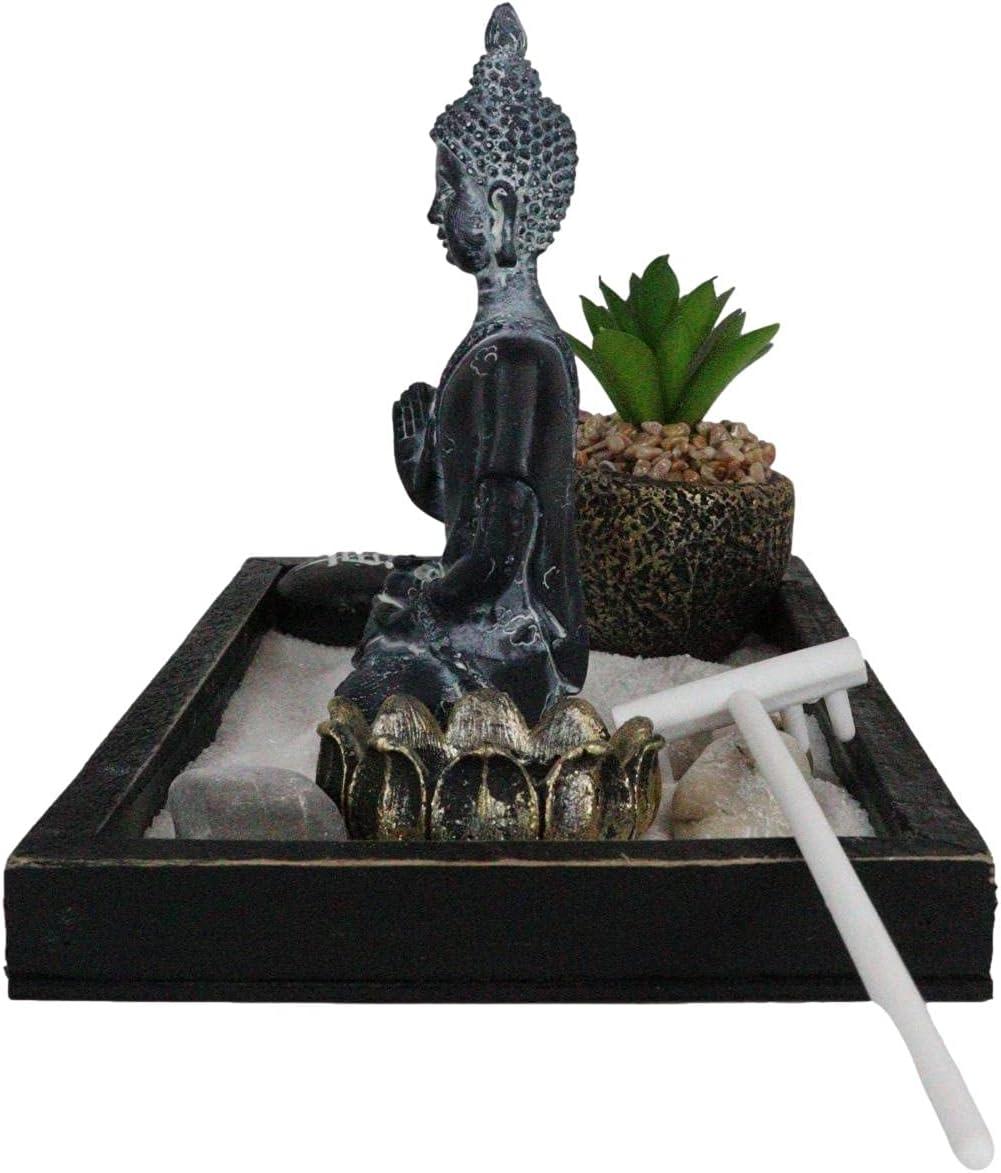 Ebros Meditating Namaste Buddha Monk Shakyamuni in Vitarka Mudra Pose Zen Garden with Rock Pebbles Lotus Votive Candle Holder Faux Succulent Sand and Rake Figurine Set Buddhism Amitabha Candleholder