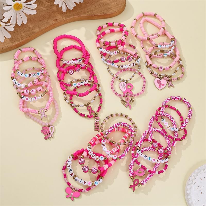 Pingyongchang Breast Cancer Stackable Beads Bracelets Inspirational Pink Ribbon Bracelet for Women Hope Fight Courage Breast Cancer Awareness Encouragement Gift - Image 8