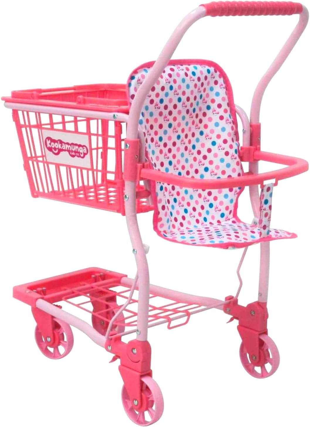 KOOKAMUNGA KIDS 2 in 1 Toy Shopping Cart with Hand Basket - Realistic Kids Grocery Cart with Baby Doll Front Seat Carrier - Toys for 2 to 7 Year Old Children - Pink Unicorn