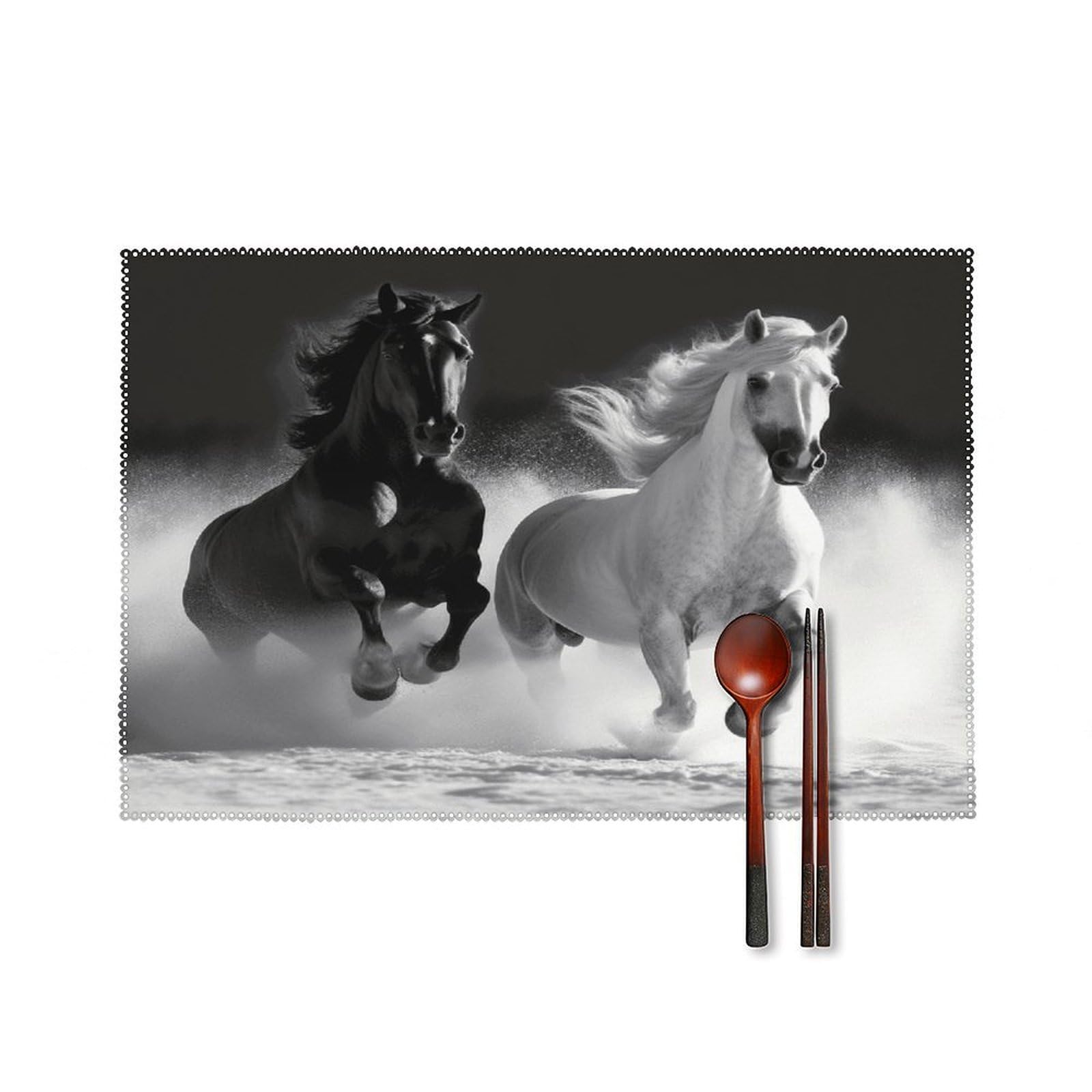 Black and White Horses Running Placemats Set of 4 Heat Resistant Non-Slip Place Mats for Dining Table Washable Placemat Wipeable Dining Table Mat Canvas Place Mats Dining Table Decor