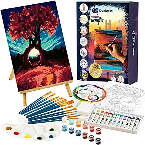 Painting Set for Beginners w/ Paint by Numbers (Fall Color) Art Kit | 12 Piece Acrylic Paint Kit, Nylon Paintbrush Set, 2 Pre-Stretched Canvases, 15 inch Table Top Easel, Color Wheel, Palette & More