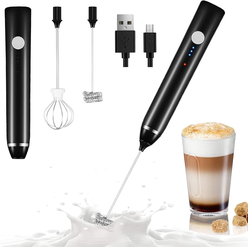 Dallfoll Milk Frother Handheld, USB Rechargeable Electric Foam Wand Maker for Coffee, 3 Speeds Mini Milk Foamer Drink Mixer with 2 Whisks for Bulletproof Coffee Frappe Latte Cappuccino Hot Chocolate