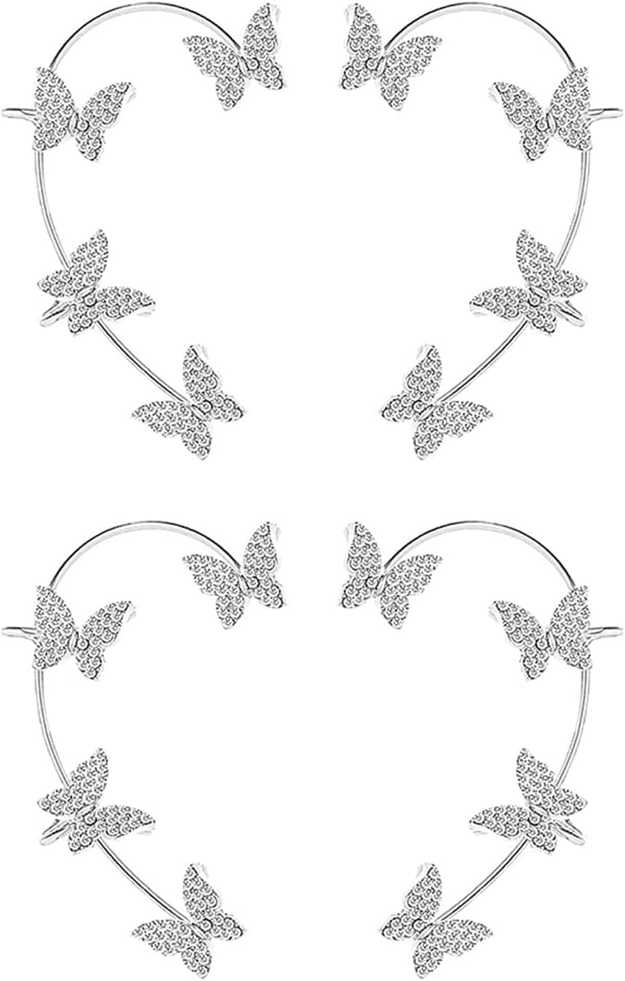 2 Pairs Dainty Silver Butterfly Ear Cuffs & Wraps for Women Non Piercing Bling Butterfly Tassel Style Zircon Earrings Ear Clips Bridal Wedding Jewelry