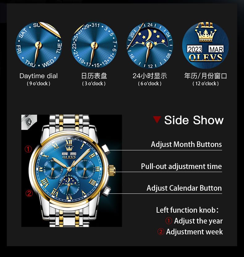 Image of OLEVS Watches for Men Automatic Mechanical Self Winding Dress Wrist Watch Multifunction Calendar Waterproof Luminous