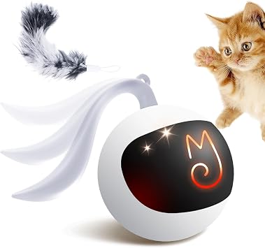 Migipaws Interactive Cat Ball Toy Set, Fun Tracker, Automatic Rolling Chase Ball with Fluffy Tail, A Small Mice, Rechargeable White