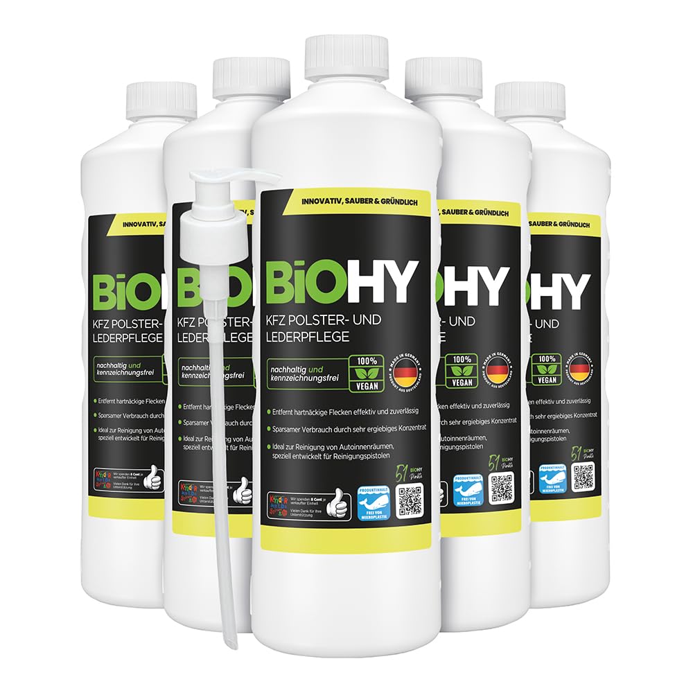 BiOHY Cura della tappezzeria dell'auto (6 bottiglie da 1l) + Distributore | Cura degli interni dell'auto | shampoo detergente efficace | smacchiatore per sedili auto (KFZ Polster)