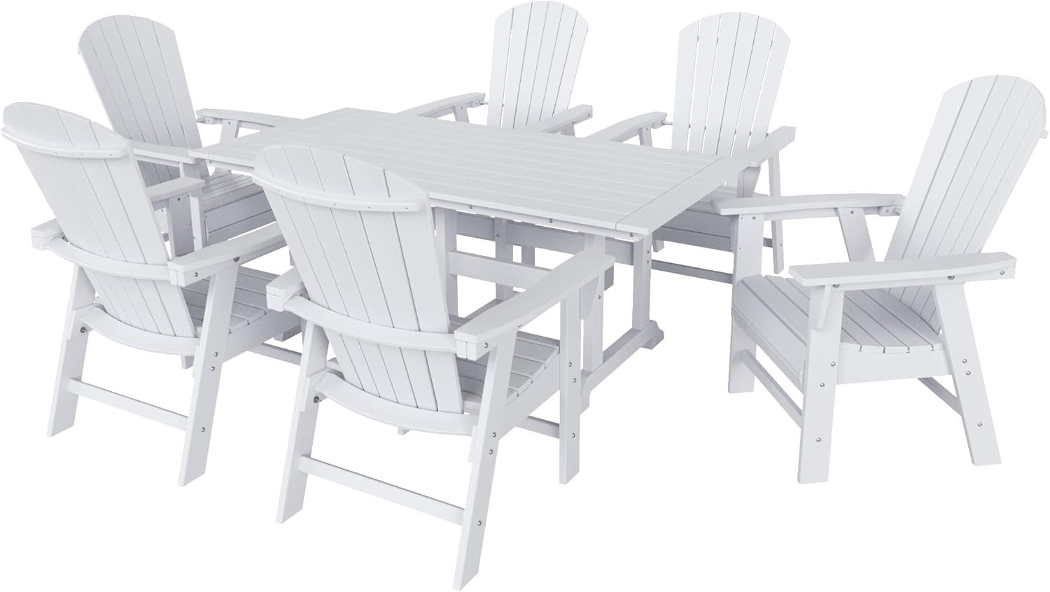 WO Outdoor Adirondack Dining Chair Table 7 PCS Set Retro Aesthetic Furniture for Outside Restaurant Dining, Home, Balcony, Terrace, Lawn, Pool, Deck, Garden (White)