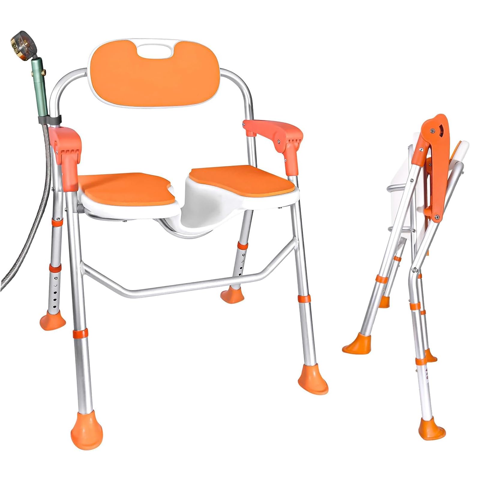 Silla de Ducha con Brazos, Taburete de Ducha Plegable con Respaldo, Silla de Ducha Regulable en Altura para Personas Mayores, Embarazadas, Discapacitados