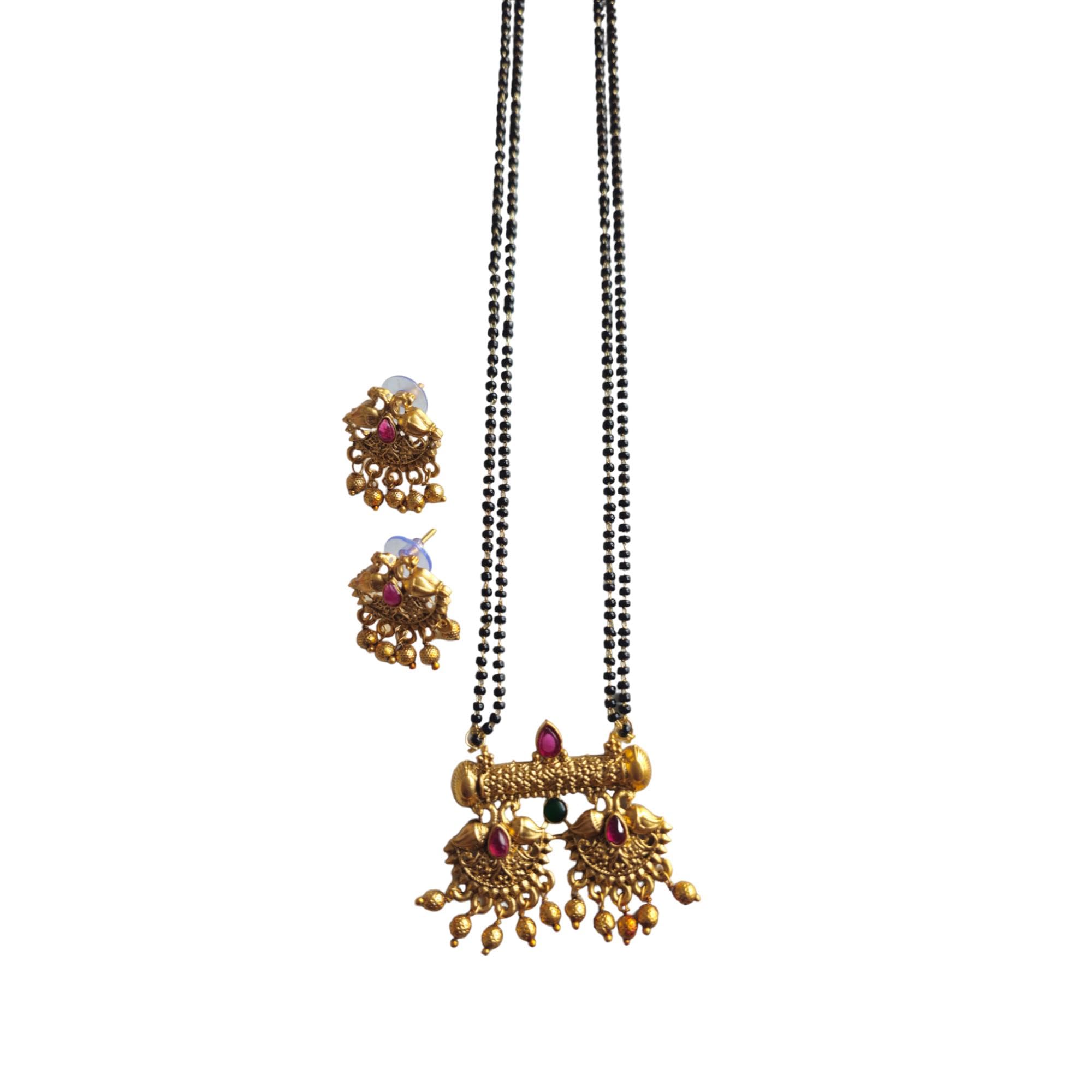 AAIKU Maharashtrian Traditional Gold Plated Black Beads Golden Chain and Earrings Set Mangalsutra Pack of 1 for Women Wedding jewellery (Temple55-30INCH-2Line) (B0D814NZFS) Amazon Price History, Amazon Price Tracker