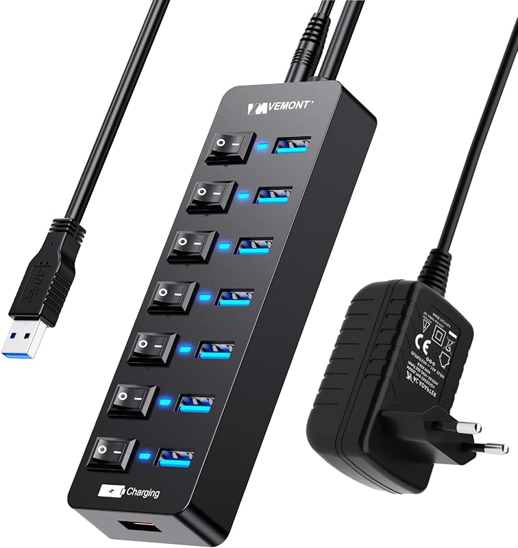 VEMONT 7 portos USB 3.0 hub aktív tápegységgel és intelligens töltőporttal