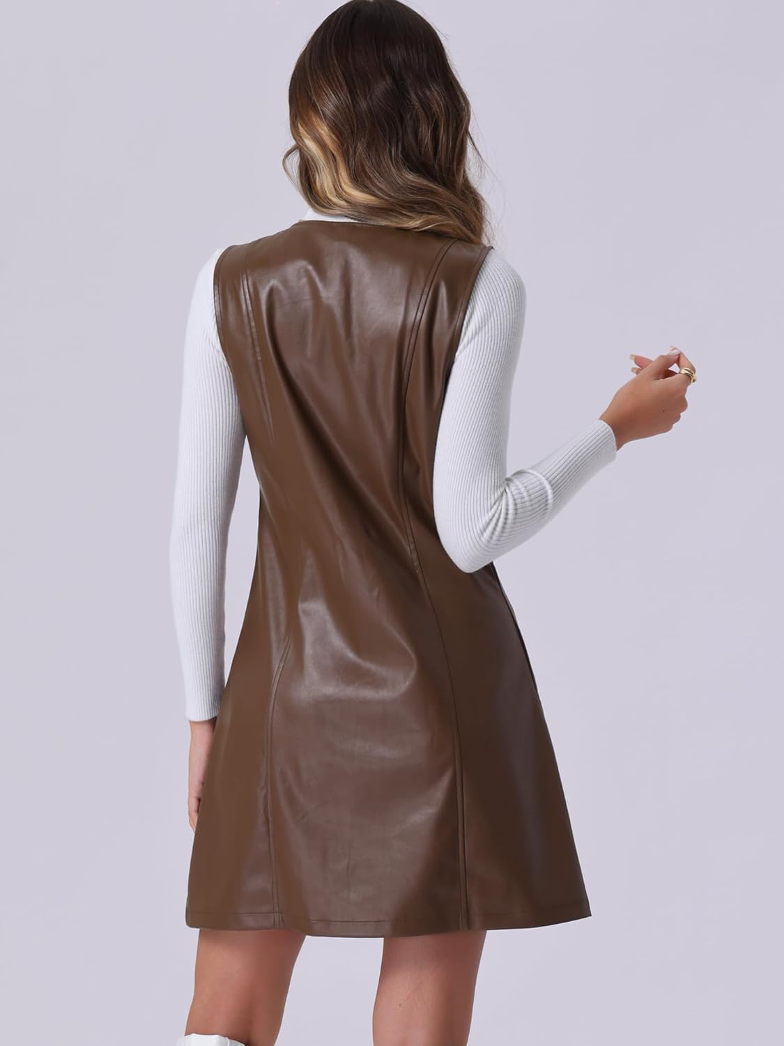 Allegra K Faux Leather Dress for Women's Pinafore Button Down V Neck Sleeveless Mini Overall Dresses - Image 3