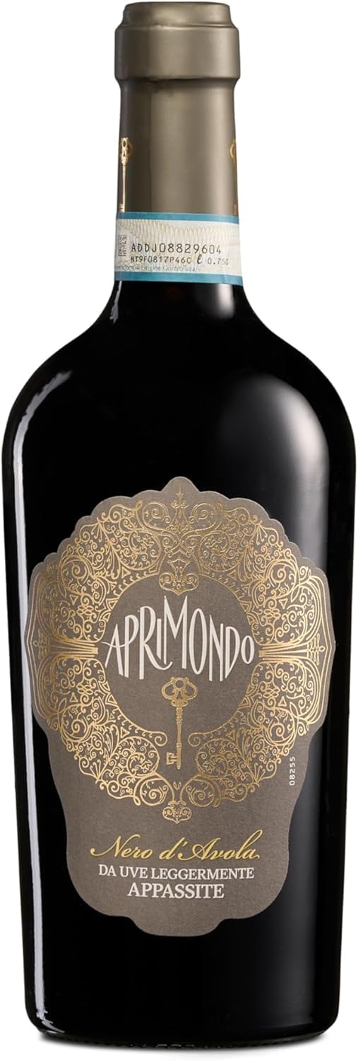 Aprimondo Nero d'Avola, Italienischer Rotwein, Gekeltert aus Angetrockneten Trauben, mit Beerigen und Balsamischen Noten, 16% Vol., 750 ml Flasche