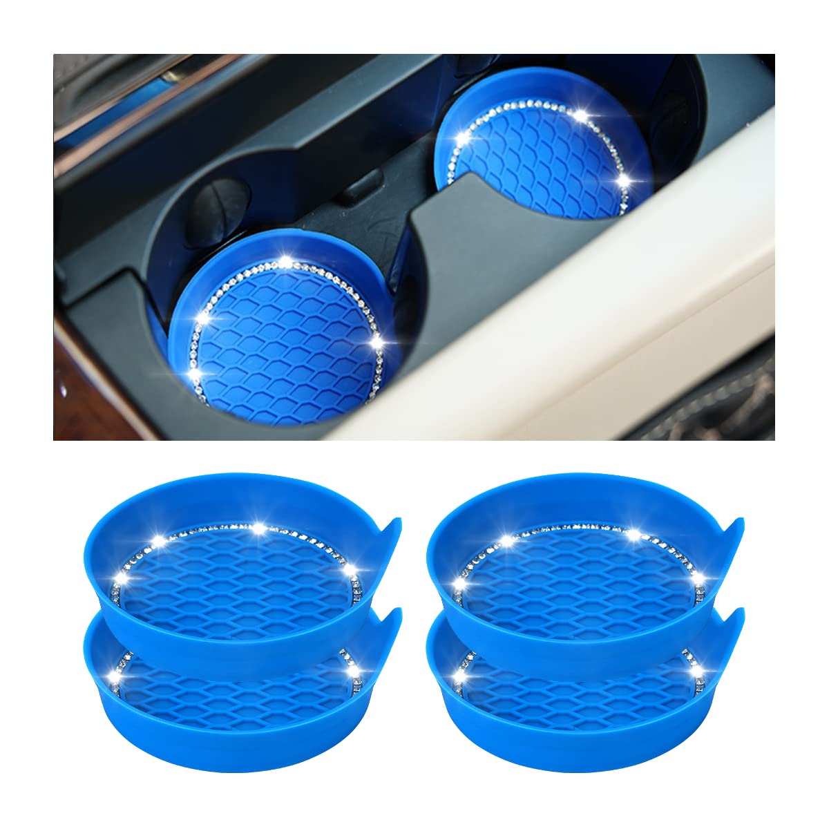 AUCELI Bling Car Cup Holder Coaster, 4 Pack Rhinestone Non-Slip Circle Cup Holder Insert Coaster, Durable Crystal Vehicle Drink Cup Mat, Universal Auto Interior Accessories for SUV Truck (Blue)