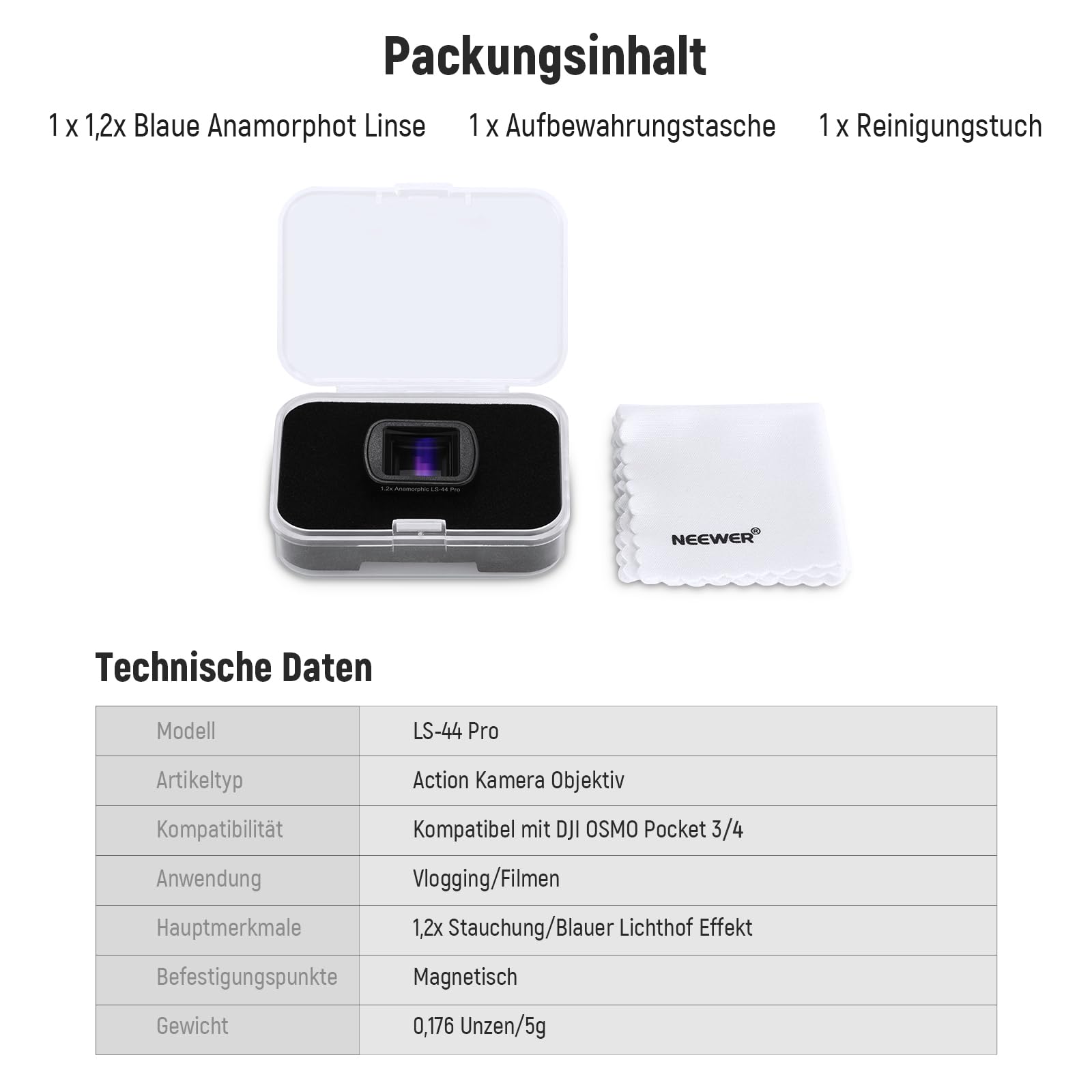 NEEWER 1,2X Anamorphot Objektiv, kompatibel mit DJI Osmo Pocket 3 / Pocket 4 / Xtra Muse, HD Magnetobjektiv für kinoreife Breitbildaufnahmen mit Blue Streak Effekt, LS-44 Pro