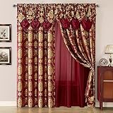 HOMEIDEAS Burgundy Paisley Jacquard Curtains, Victorian Luxury Window Curtains 2 Panels Set with Attached Valance and Sheer Backing, Fancy Drapes for Bedroom & Living Room, 52x84 Inches