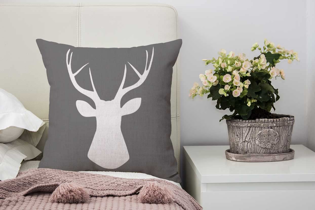 Woodland Deer Head Throw Pillow Cover – 16x16 Inch Cotton Linen Square Cushion Case For Sofa, Bed, Chair