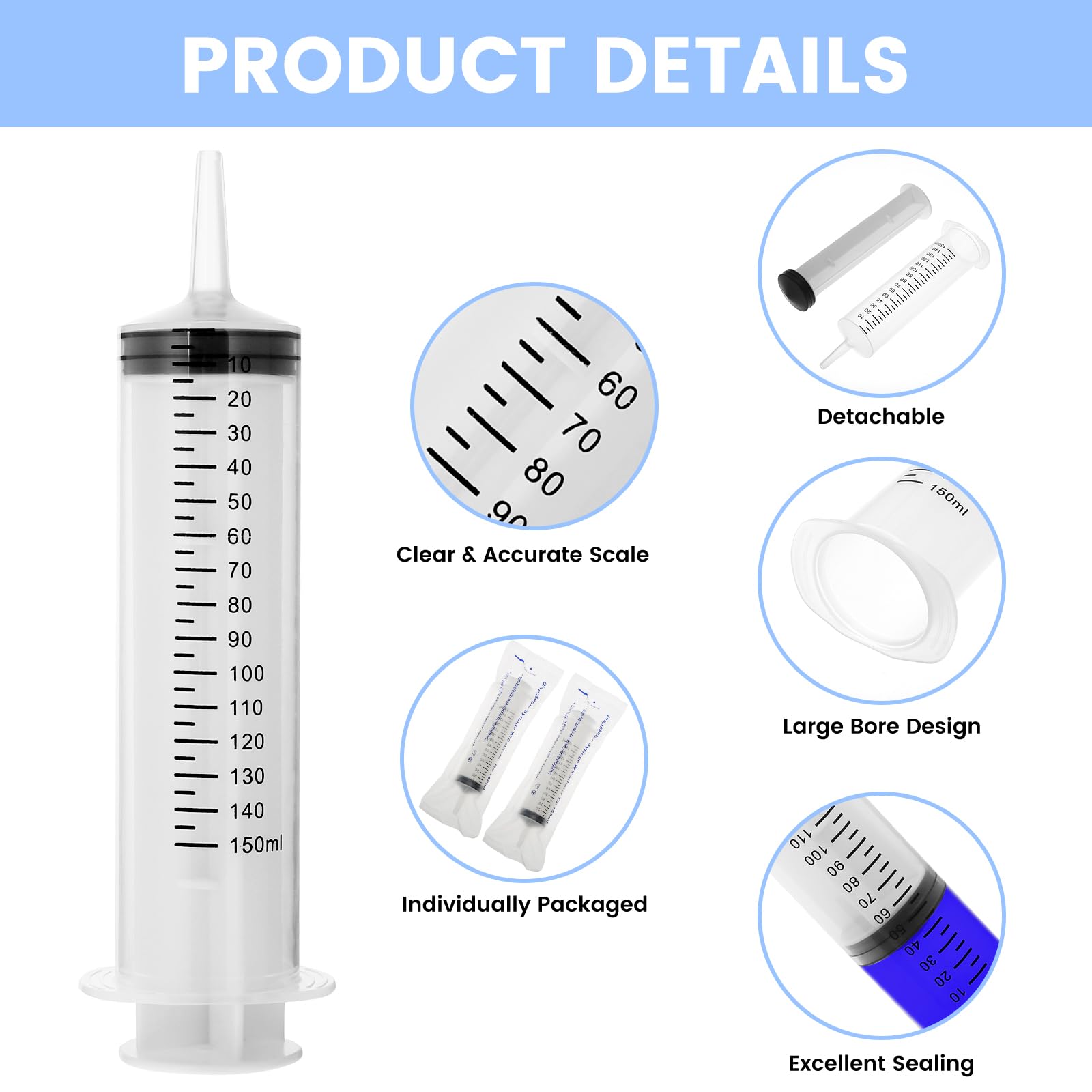 150 ml strzykawka wielokrotnego użytku, 2 strzykawki do oleju, strzykawki z tworzywa sztucznego, z tworzywa sztucznego PCW, strzykawki z cewnikiem, strzykawki do pomiaru płynu, strzykawki bez igły do