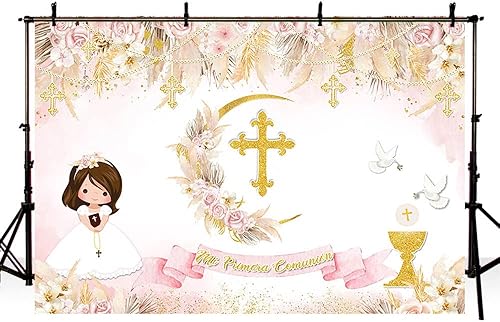 Vista 9 de Telón de fondo bohemio de bautismo de 7 x 5 pies para niña, Mi Primera, comunión, bautizo, fotografía, fondo de fotografía de Dios bendiga