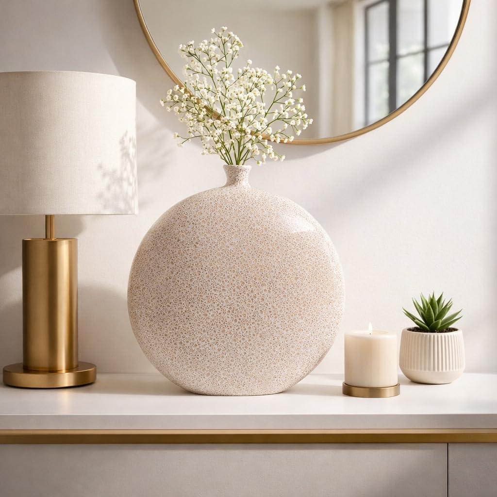 Contemporary Round Disc Vase for Living Room and House Decor - Decorative Speckled Home Display in Any Room - Sculptural Flower Vase for Bedroom, Office, and Table Arrangement - 17", Cream
