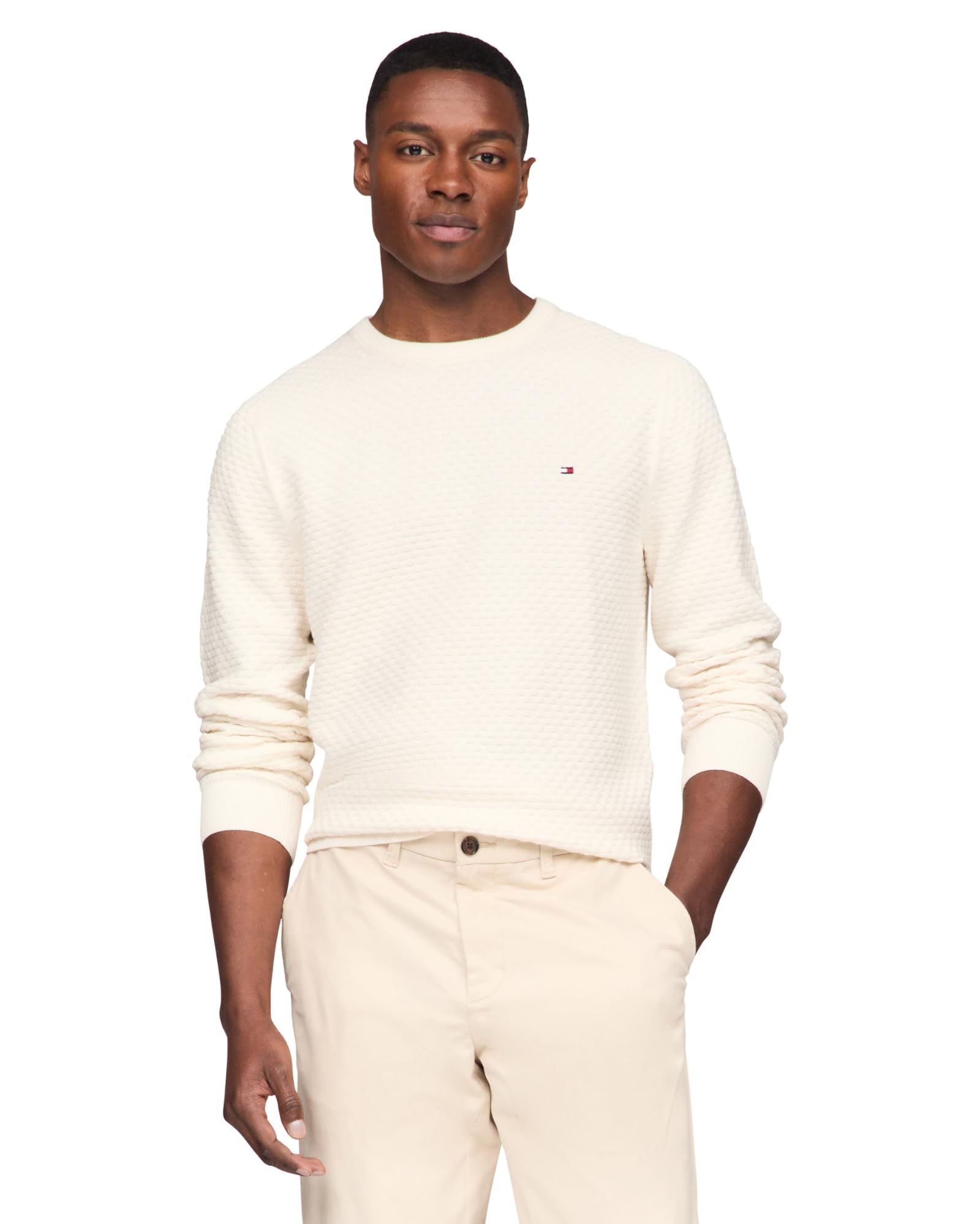Tommy Hilfiger Męski teksturowany sweter z dzianiny waflowej z okrągłym dekoltem, lekki sweter, dostępny w dużych i wysokich, kość słoniowa, XXL, kość słoniowa, XXL