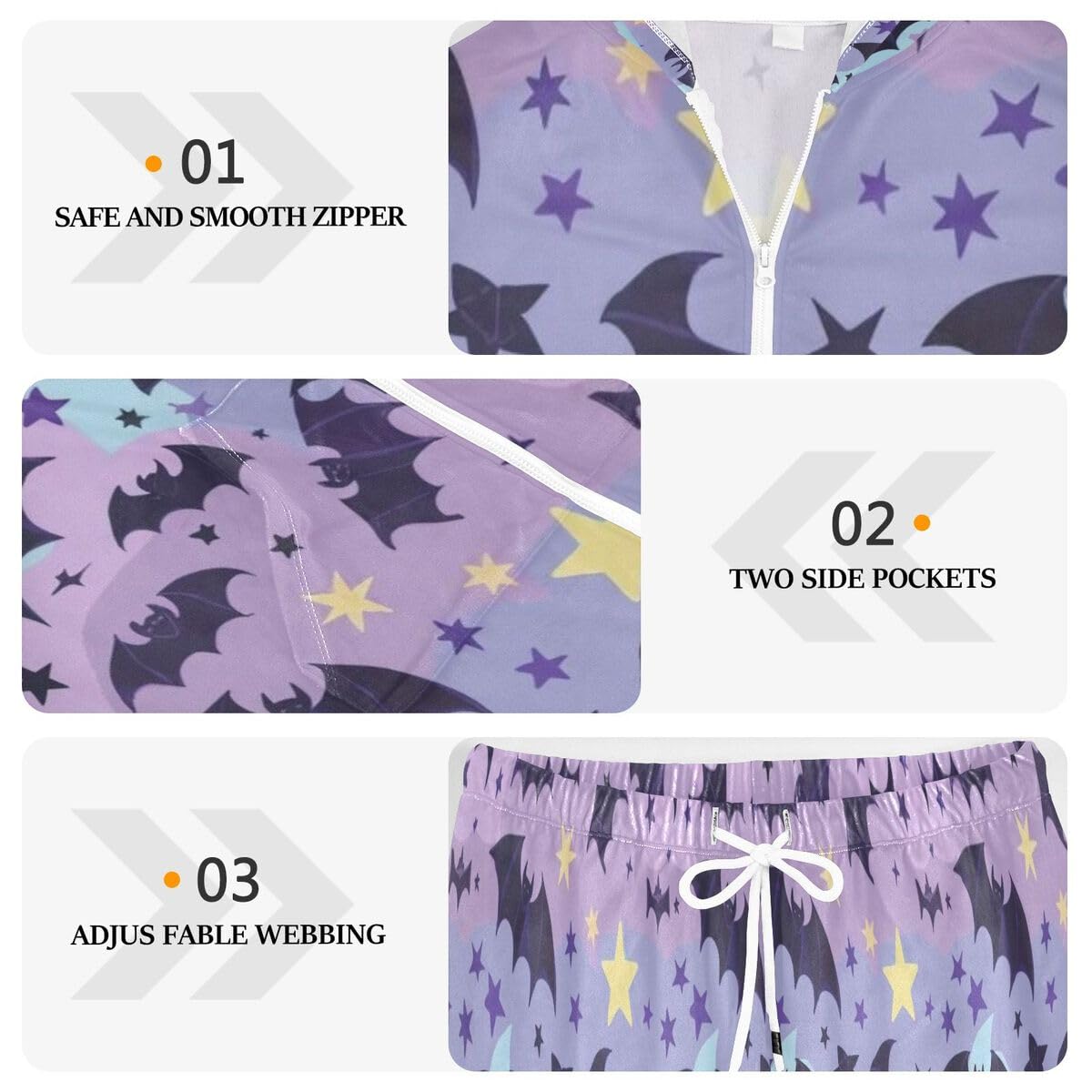 Conjunto deportivo de 2 piezas para mujer, diseño de murciélagos y estrellas, conjunto deportivo de manga larga para Halloween