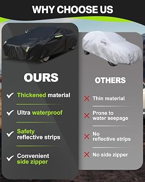 Car Cover Waterproof All Weather, 490x185x150cm Outdoor Car Cover Waterproof With a Storage Bag, Large Car Ice Cover for Winter With Side Zipper, For Most Cars, Black