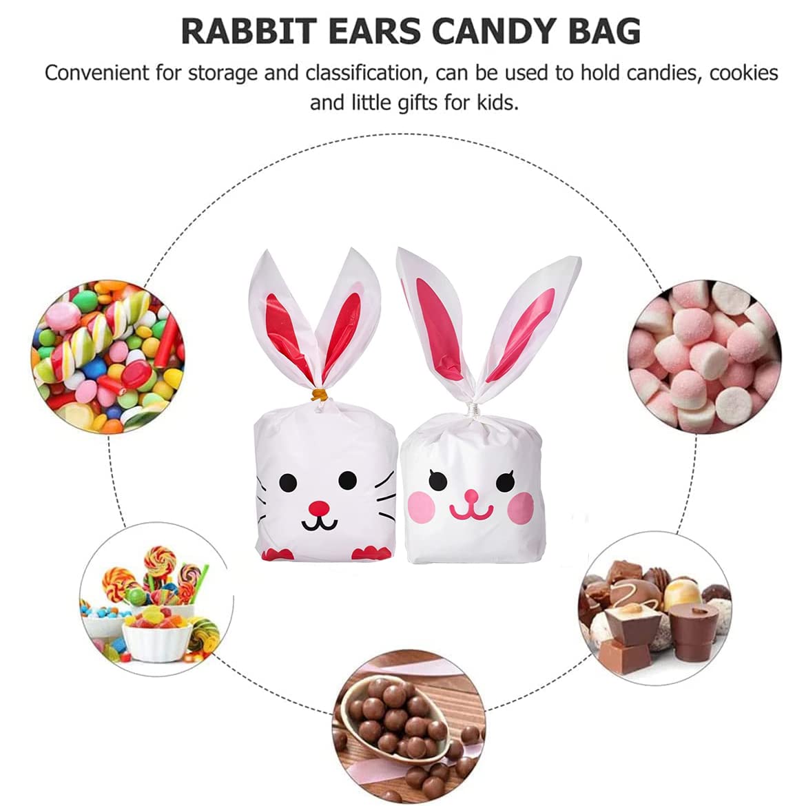 CAVLA Lot De 100 Sacs à Friandises De Pâques, Avec Oreilles De Lapin, Sacs Cadeaux En Plastique, Sacs à Bonbons D'anniversaire, Avec 100 Attaches