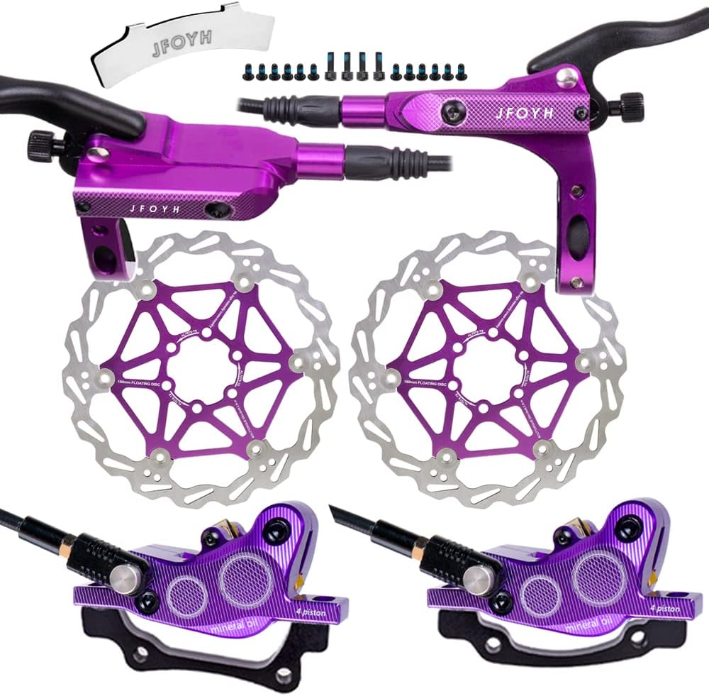 JFOYH 4-Piston MTB Hydraulic Brake Set with 160mm Floating Disc Rotors, and 2 Pairs J02A Resin Upgraded Replacement Disc Brake Pads