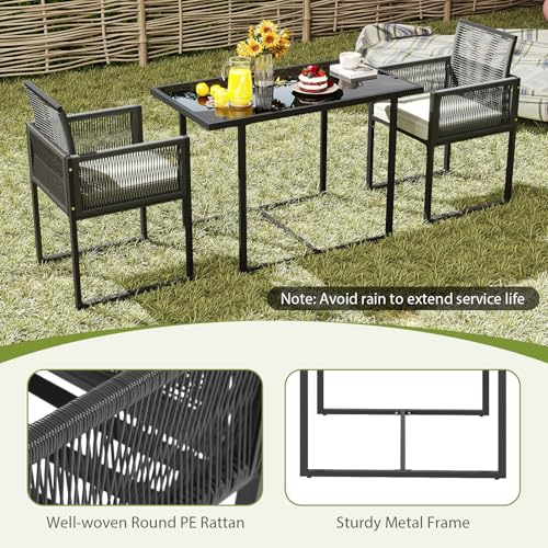 HAPPYGRILL 3 Pieces Patio Dining Table Set, Outdoor Rectangular Dining Table & 2 PE Rattan Chairs w/Tempered Glass Tabletop, Foldable Backrests, Space-Saving Dining Set for Backyard, Poolside, Garden - Thumbnail 4
