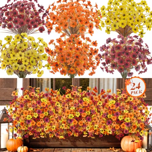 Der Rose 24 PCS Fake Fall Flowers for Outdoors Mums Porch Planter Decor | 24 fall flowers artificial for decoration with eucalyptus and wildflower stems for front door, window boxes, outdoor